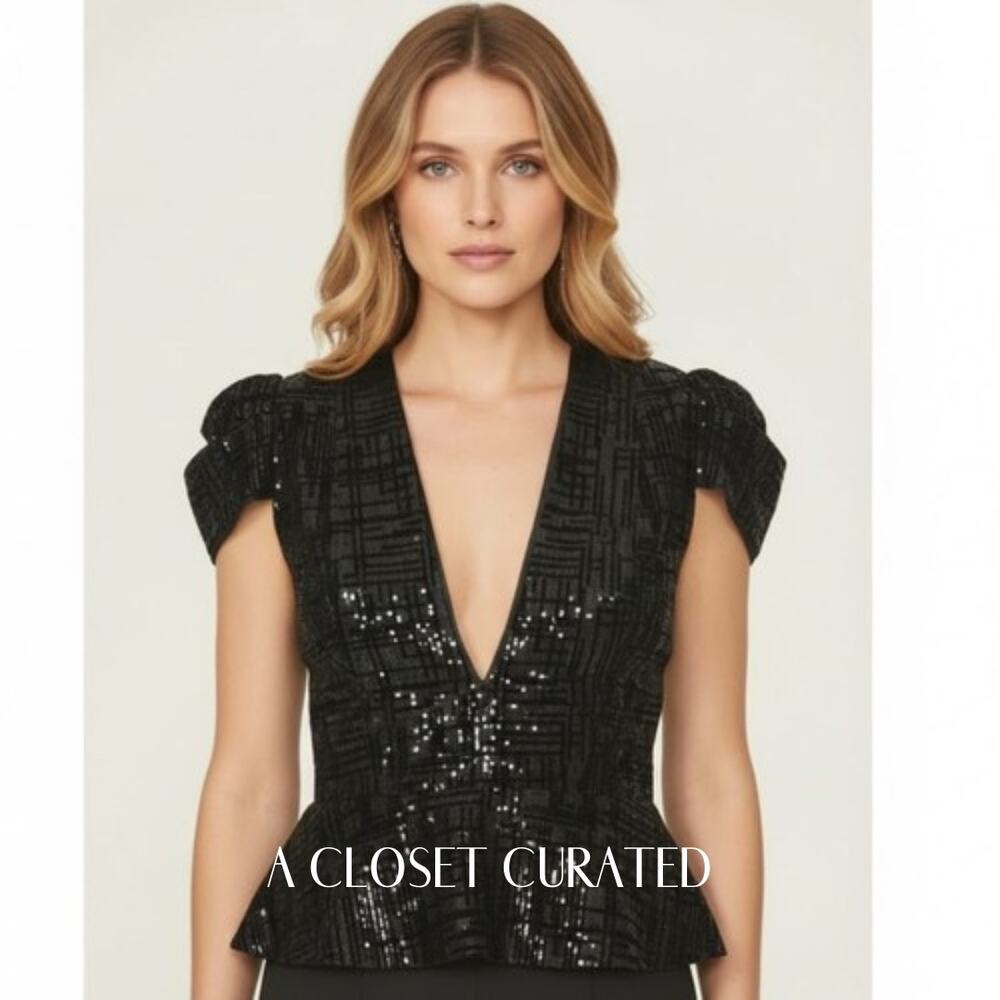 Haney Kylie Sequin Plunge Top 0 Black NWT